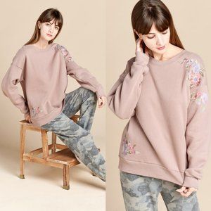 Mauve Floral Embroidery Sleeve Fleece Sweatshirts